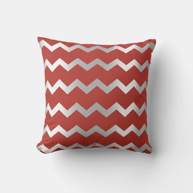 Chevron Silver Gray Grey Red Wine Metal Stripes Throw Pillow (Front)