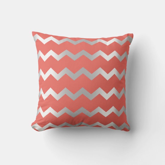 Chevron Silver Gray Grey Stripes Lines Coral Throw Pillow (Front)