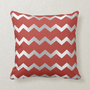 Chevron Silver Gray Grey Stripes Lines Red Ruby Throw Pillow