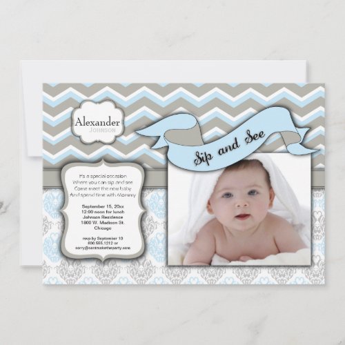 Chevron Sip And See New Baby Boy Photo Template