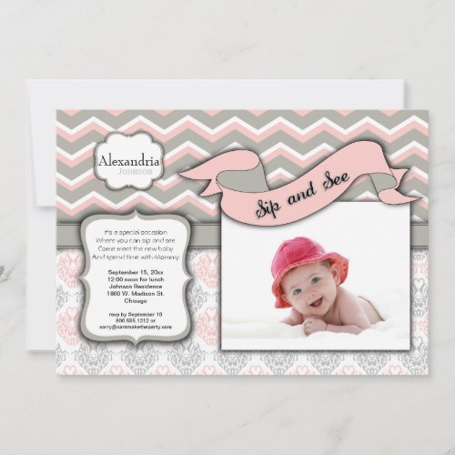 Chevron Sip And See New Baby Girl Photo Template
