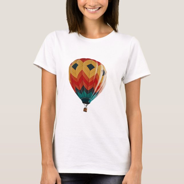 "Chevron Sky: Vibrant Hot Air Balloon in Flight T-Shirt (Front)
