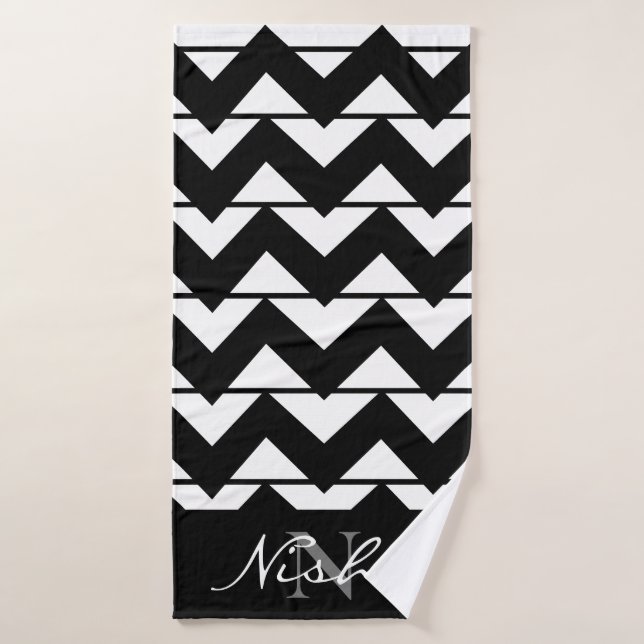 Chevron Stripe Black and White Monogram Bath Towel (Bath Towel)