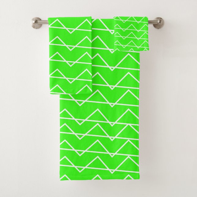 Chevron Stripe Neon Green White Geometric Pattern Bath Towel Set (Insitu)