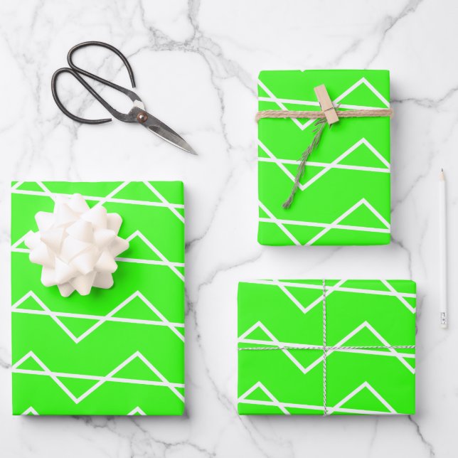 Chevron Stripe Neon Green White Geometric  Wrapping Paper Sheets (Front)