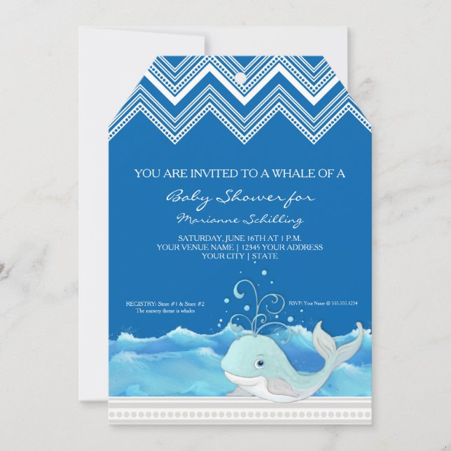 Chevron Striped Cute Whale n Waves Boy Baby Shower Invitation (Front)