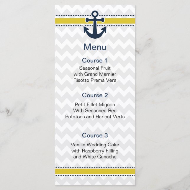 chevron stripes, anchor, nautical menu cards (Front)