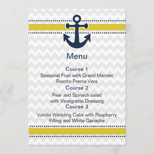 chevron stripes, anchor, nautical menu cards (Front)