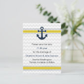 chevron stripes, anchor, nautical save the date announcement postcard (Standing Front)