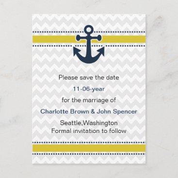 chevron stripes, anchor, nautical save the date announcement postcard