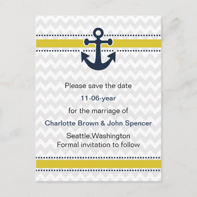 chevron stripes, anchor, nautical save the date announcement postcard (Front)