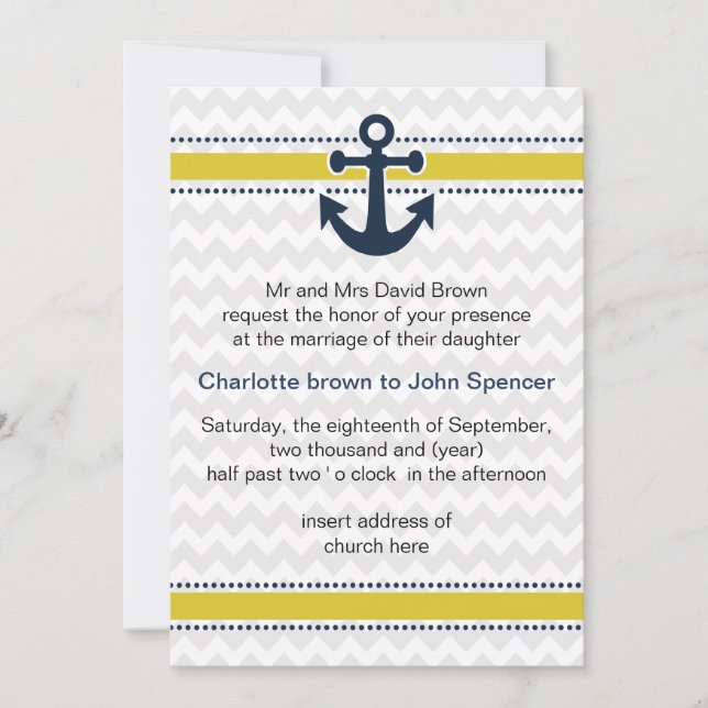 chevron stripes, anchor, nautical wedding invites (Front)
