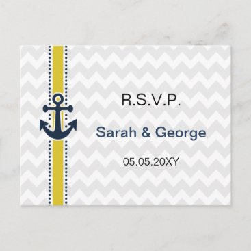 chevron stripes, anchor, nautical wedding rsvp invitation postcard