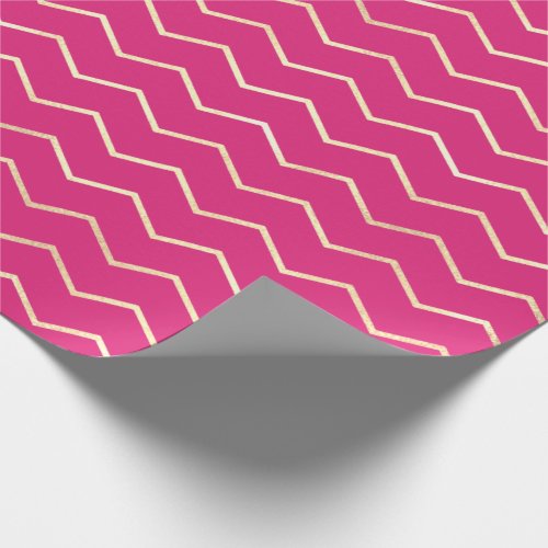 Chevron Stripes Lines Gold Metallic Bright Pink Wrapping Paper