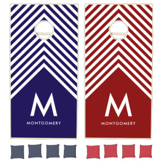 Chevron Stripes Navy Blue Red Monogram Family Name Cornhole Set