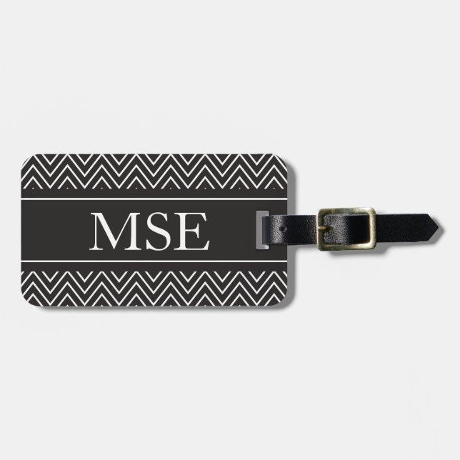 Chevron Stripes Personalized Monogram Black White Luggage Tag (Front Horizontal)