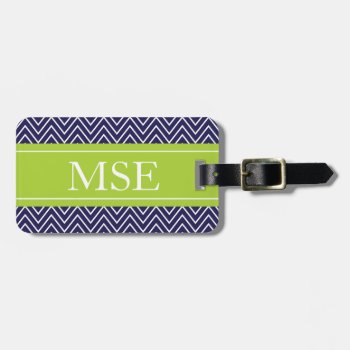 Chevron Stripes Personalized Monogram Navy Lime Luggage Tag by D_Zone_Designs at Zazzle