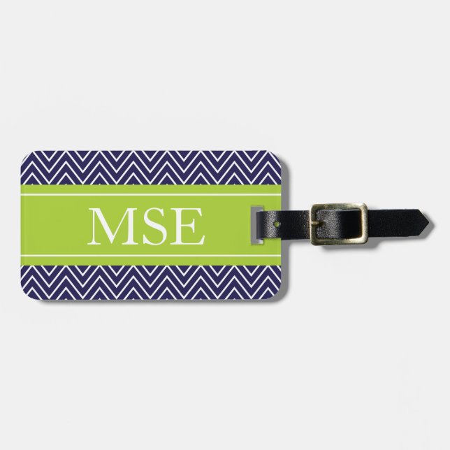 Chevron Stripes Personalized Monogram Navy Lime Luggage Tag (Front Horizontal)