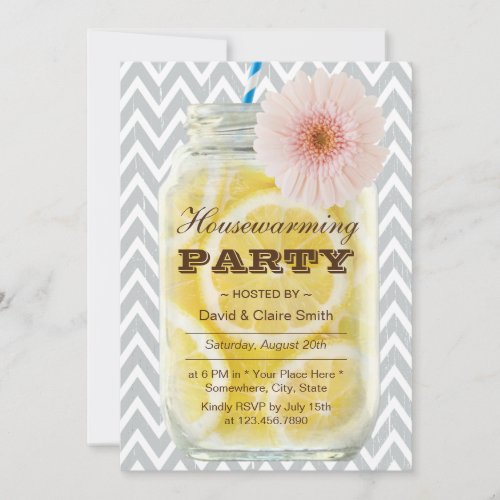 Chevron Stripes Summer Lemonade Housewarming Party Invitation