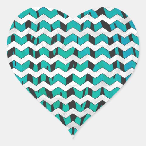 Chevron Tiger Black and Teal Print Heart Sticker