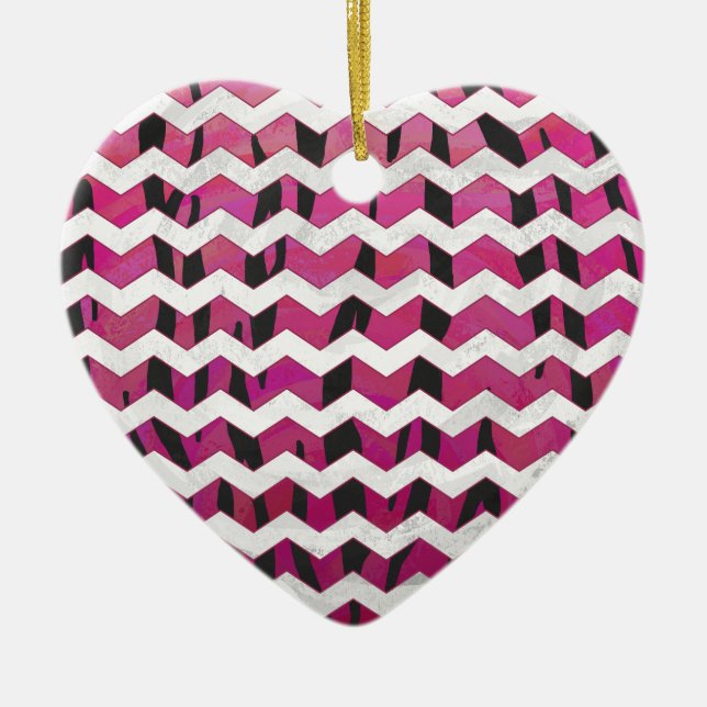Chevron Tiger Hot Pink and Black Print Ceramic Ornament (Front)
