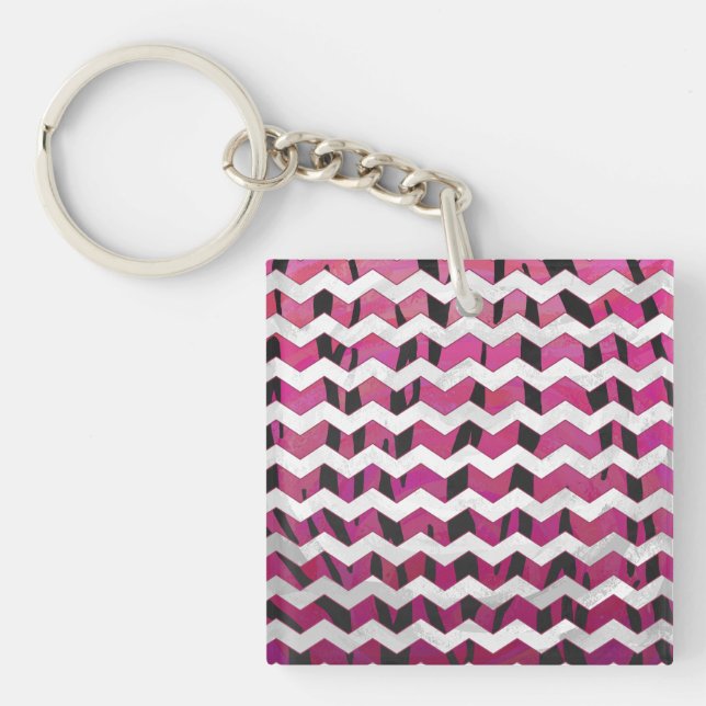 Chevron Tiger Hot Pink and Black Print Keychain (Front)