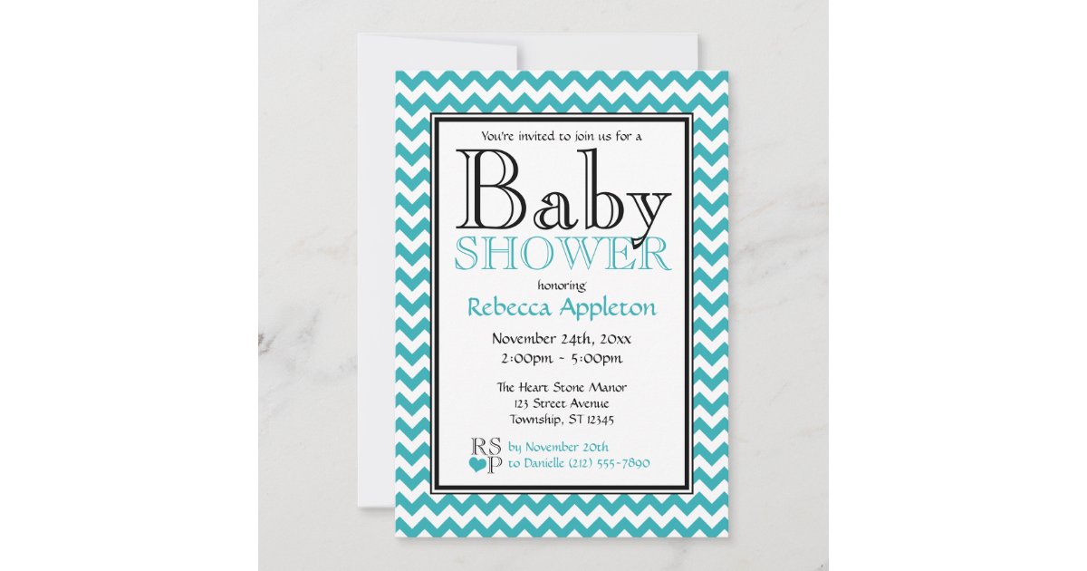 Chevron Turquoise & White Baby Shower Invitations | Zazzle