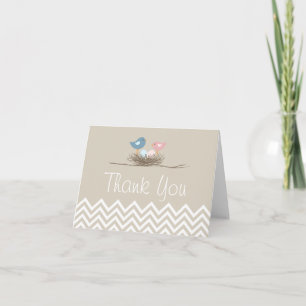 Chevron Twin Pink and Blue Bird's Nest Thank You Card