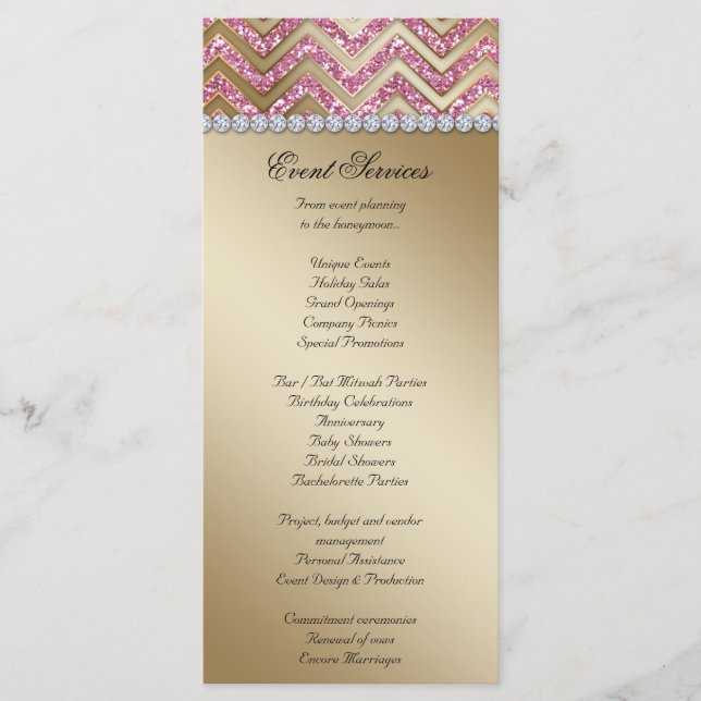 Chevron Wedding Rack Cards Sparkle Gold Pink (Front)
