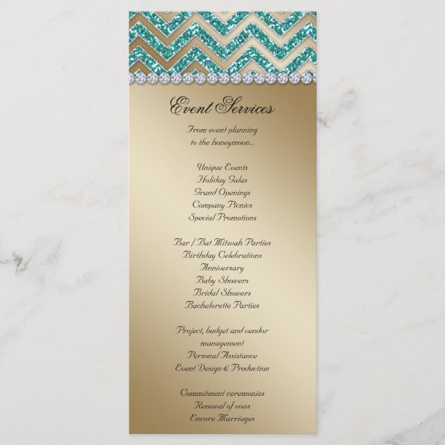 Chevron Wedding Rack Cards Sparkle Teal Gold (Front)