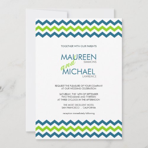 Chevron Wedding ZigZag Blue and Lime Invitations