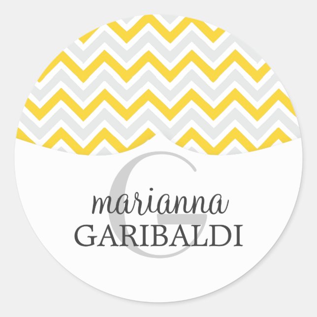 Chevron Yellow and Modern Personalized Classic Round Sticker (Front)
