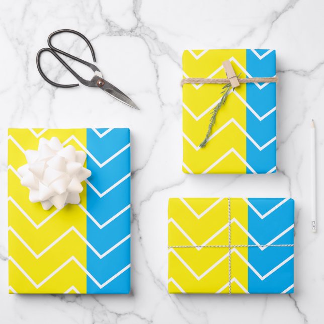 Chevron Yellow Blue White Chevron Pattern Wrapping Paper Sheets (Front)