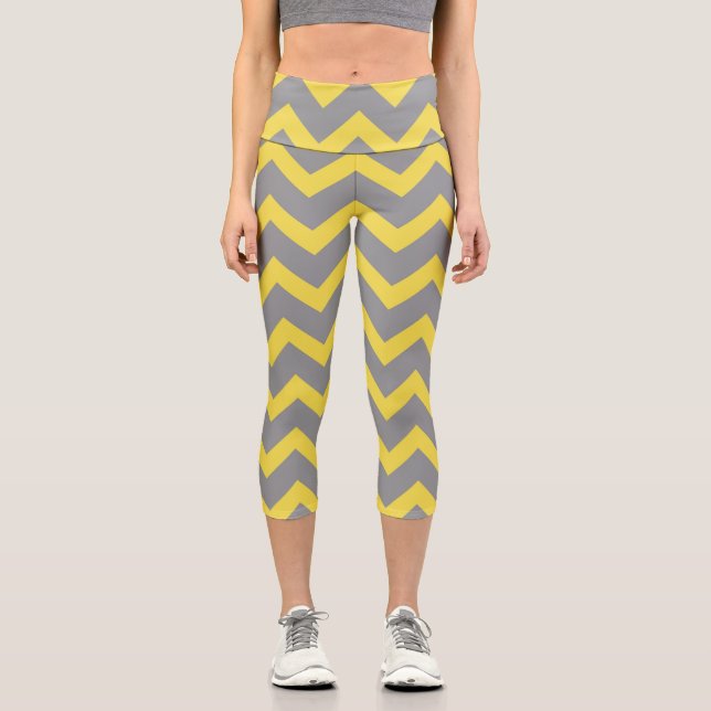 Chevron yellow gray pattern lines stripes capri leggings (Front)