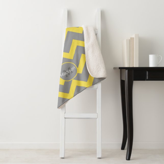 Chevron yellow gray pattern lines stripes Monogram Sherpa Blanket (In Situ)