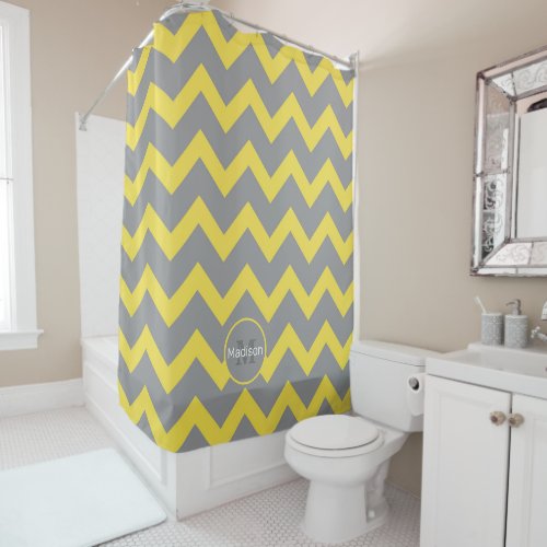 Chevron yellow gray pattern lines stripes Monogram Shower Curtain