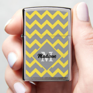 Chevron yellow gray pattern lines stripes Monogram Zippo Lighter