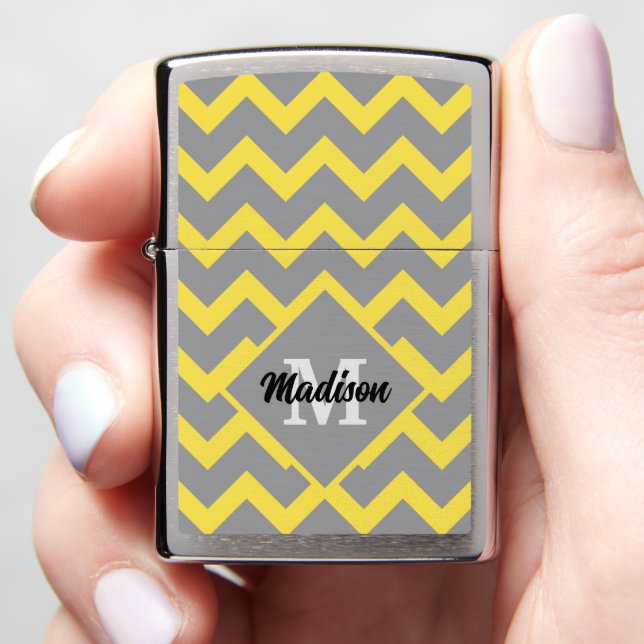 Chevron yellow gray pattern lines stripes Monogram Zippo Lighter (In Hand)
