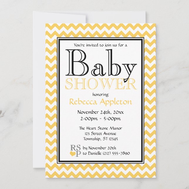 Chevron Yellow & White Baby Shower Invitations (Front)
