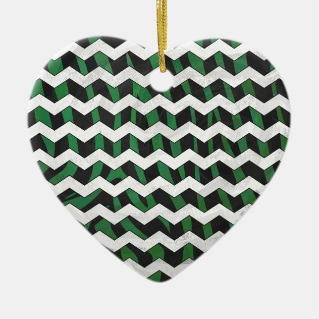Chevron Zebra Black and Green Print Ceramic Ornament (Front)
