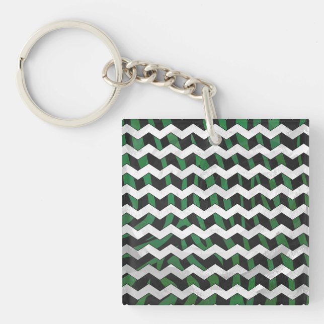 Chevron Zebra Black and Green Print Keychain (Front)
