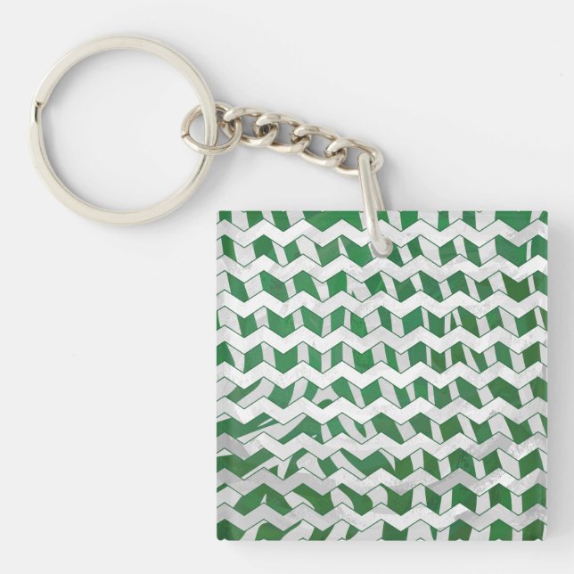 Chevron Zebra Green and White Print Keychain (Front)