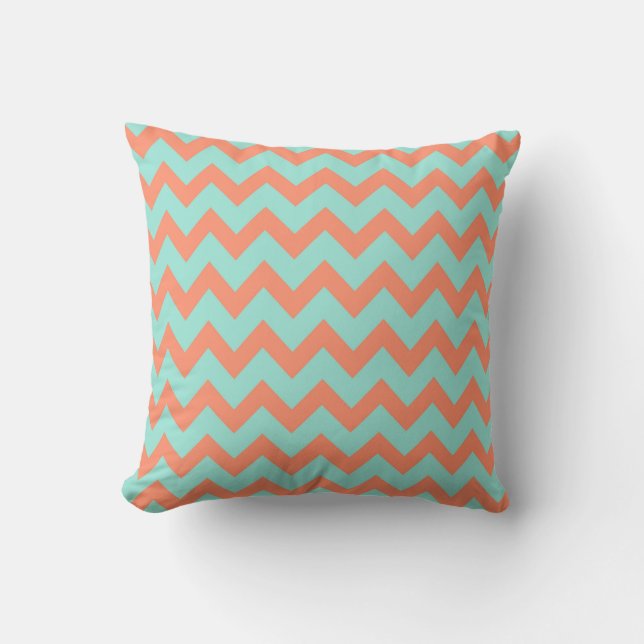 Chevron Zig Zag Pastel Mint Peach 90s Preppy  Throw Pillow (Front)