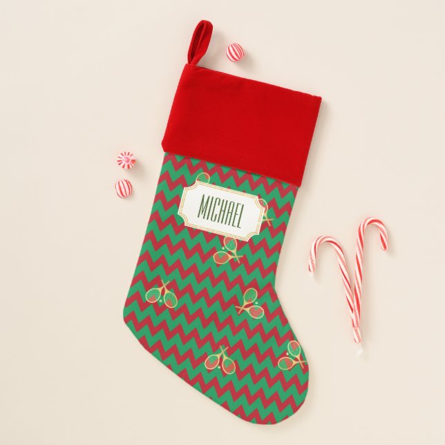 Chevron Zig Zag Ruby Red Green Christmas Tennis   Christmas Stocking (Front)