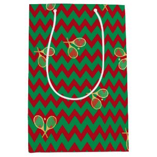 Chevron Zig Zag Ruby Red Green Christmas Tennis  Medium Gift Bag