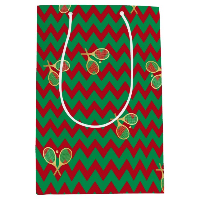 Chevron Zig Zag Ruby Red Green Christmas Tennis  Medium Gift Bag (Front)