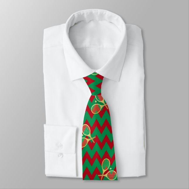Chevron Zig Zag Ruby Red Green Christmas Tennis  Neck Tie (Tied)