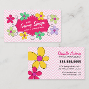 Chevron Zigzag Floral Doodle Frame Pink Business Card