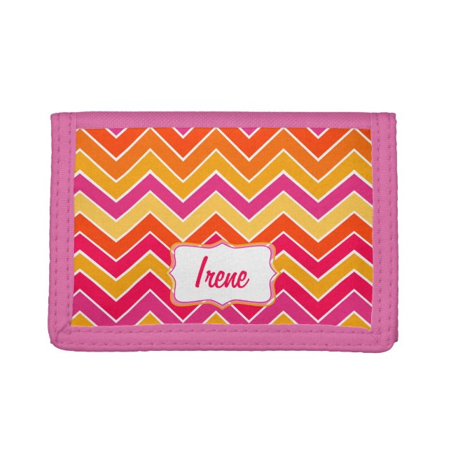 Chevron zigzag named pink, orange, red and yellow trifold wallet (Front)