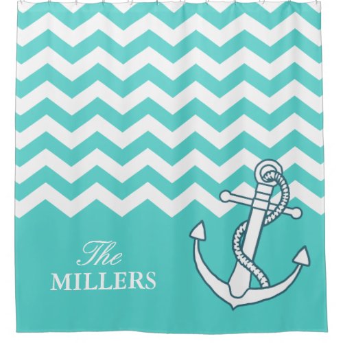 Chevron Zigzag Pattern Nautical Knot Anchor Aqua Shower Curtain